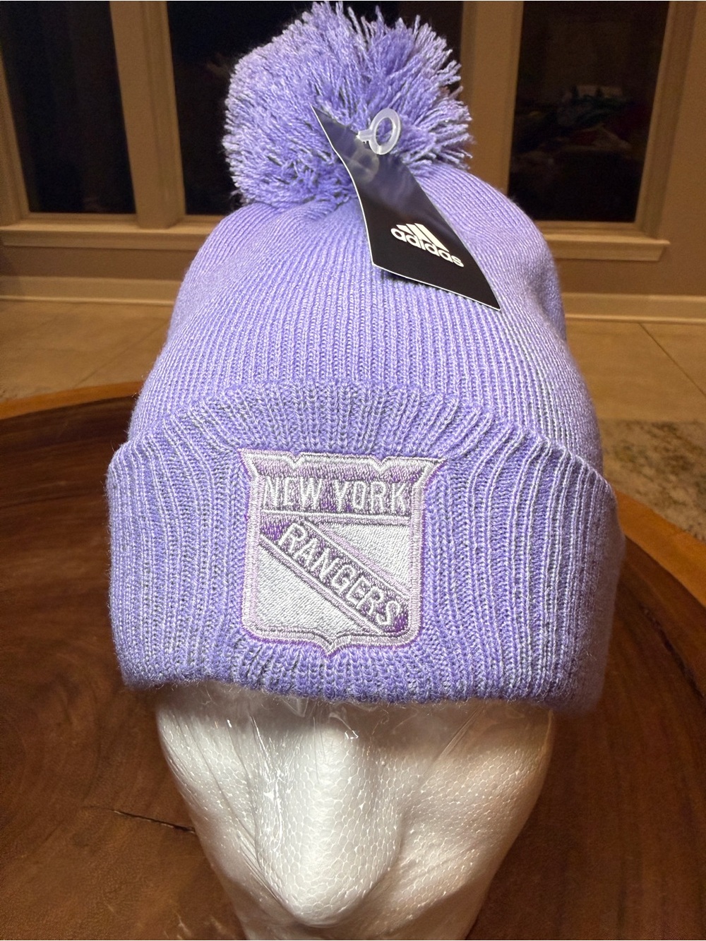 NWT Adidas NHL New York Rangers "Hockey Fights Cancer" Pom Purple Beanie OSFM
